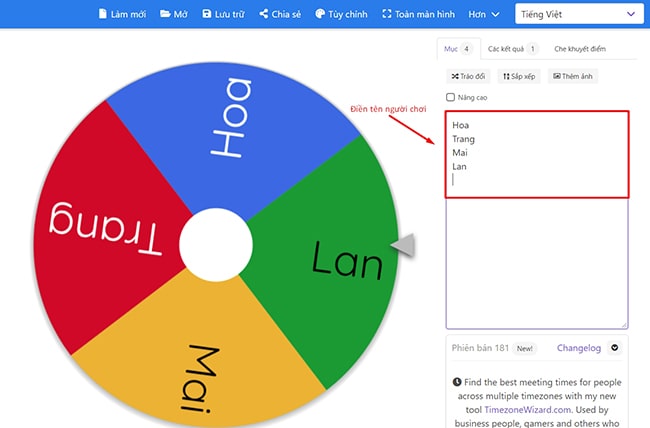 Tạo v&ograve;ng quay may mắn bằng Wheel of names